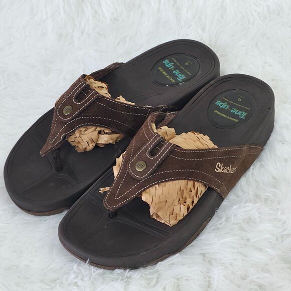 Sketchers Tone-ups Women’s Leather Sandals Brown Flip Flop Size 9 Wedge - Picture 1 of 8